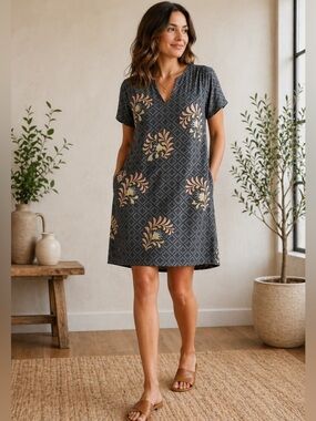 The Odells Zinaida Flora Fauna Shift Dress Large Gray Print Pockets